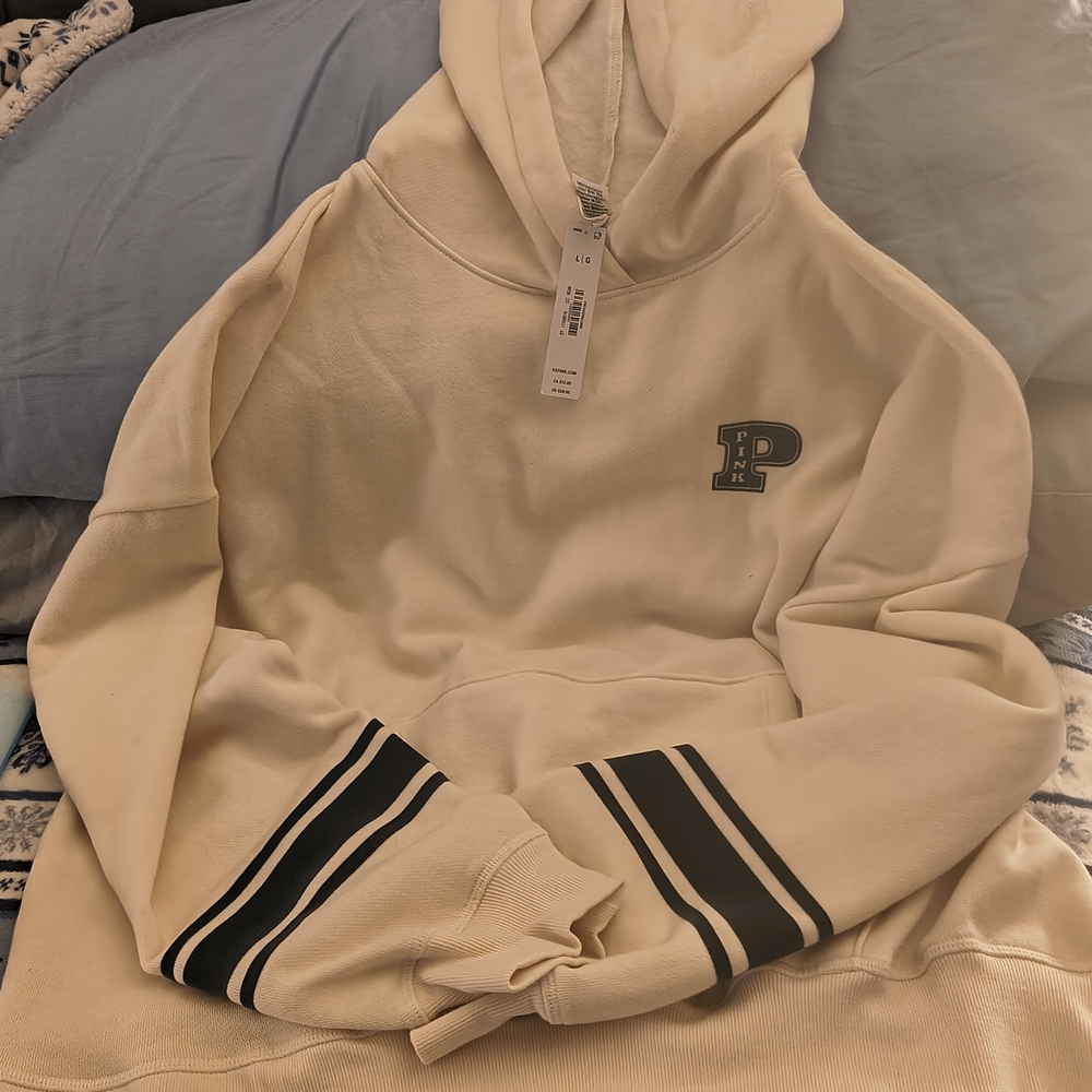 PINK Victoria's Secret Cream Hoodie with Black Lettering BRAND NEW!!